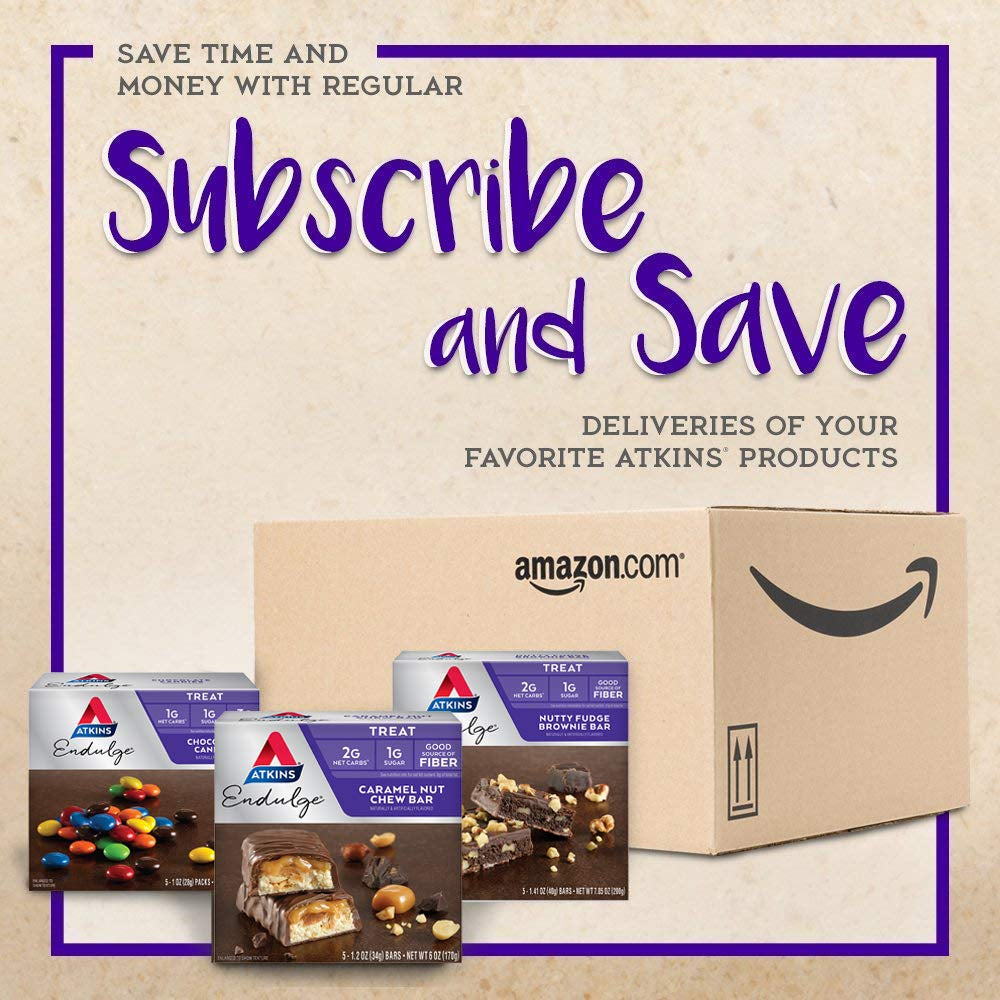 Atkins Endulge Caramel Nut Chew Bar, Dessert Favorite, 1G Sugar, Good Source of Fiber, 5 Count