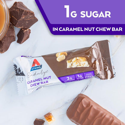 Atkins Endulge Caramel Nut Chew Bar, Dessert Favorite, 1G Sugar, Good Source of Fiber, 5 Count